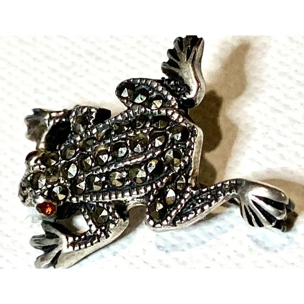 Vintage Two Silver‎ Marcasite Frog Pins with Red Glass Eyes